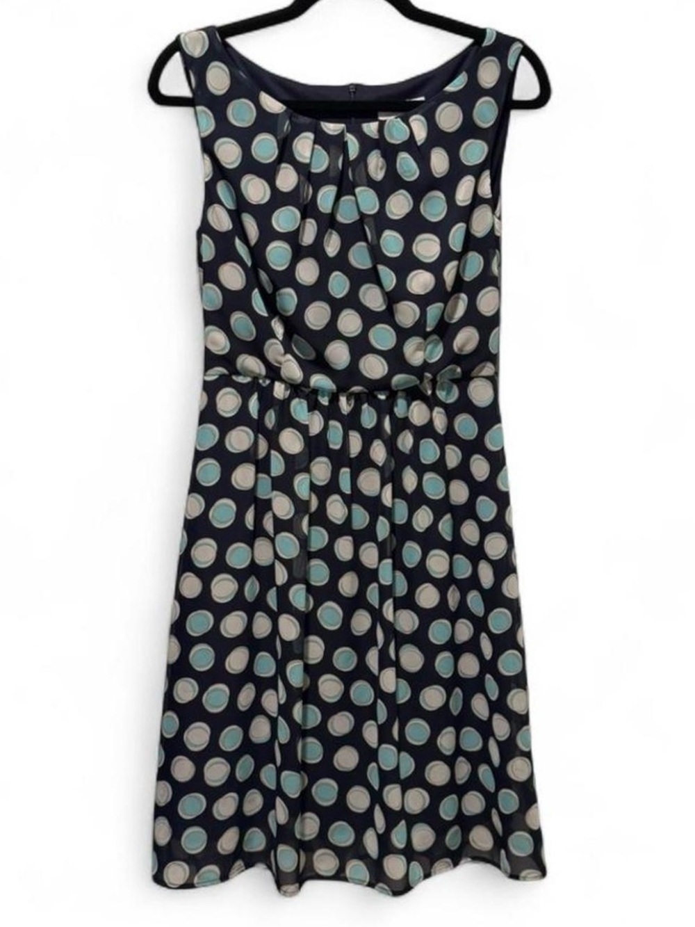 dressbarn Navy Midi Dress with Aqua and Cream Polka Dots